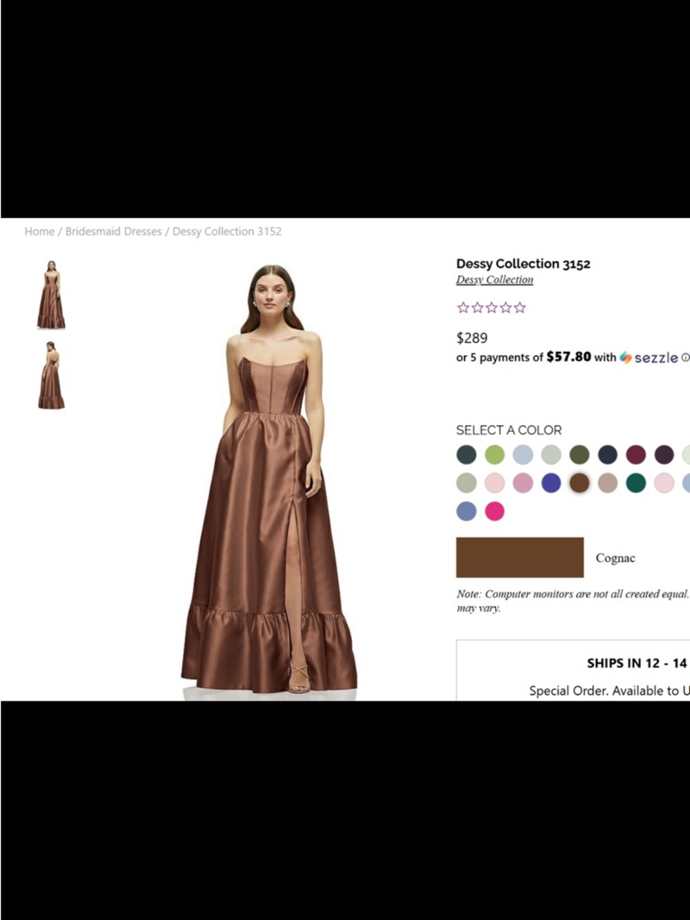 Dessy Collection (Style 3152) Strapless Satin Bridesmaid Dress in Cognac
